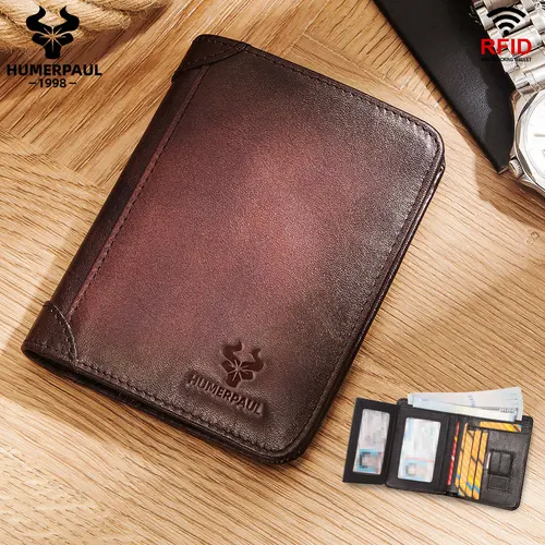 HUMERPAUL Cartera de estilo clásico para hombre de piel de vaca auténtica RFID monedero corto triple con ventana de identificación y tarjetero