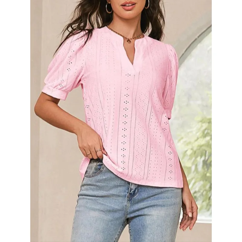 プラスサイズ 1XL-5XL 女性のファッショナブルな V ネック無地ブラウスレディースカジュアル快適な半袖シャツ