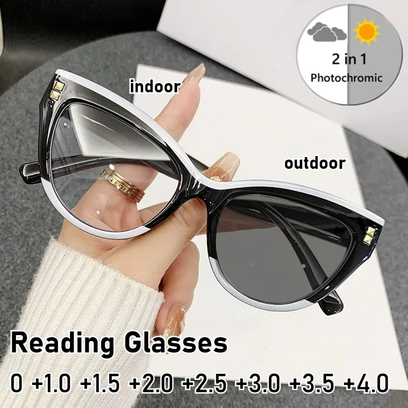 

New Photochromic Reading Glasses Retro Multicolored Cat-eye Glasses High-definition Blue Light Blocking Farsighted Glasses +4.0