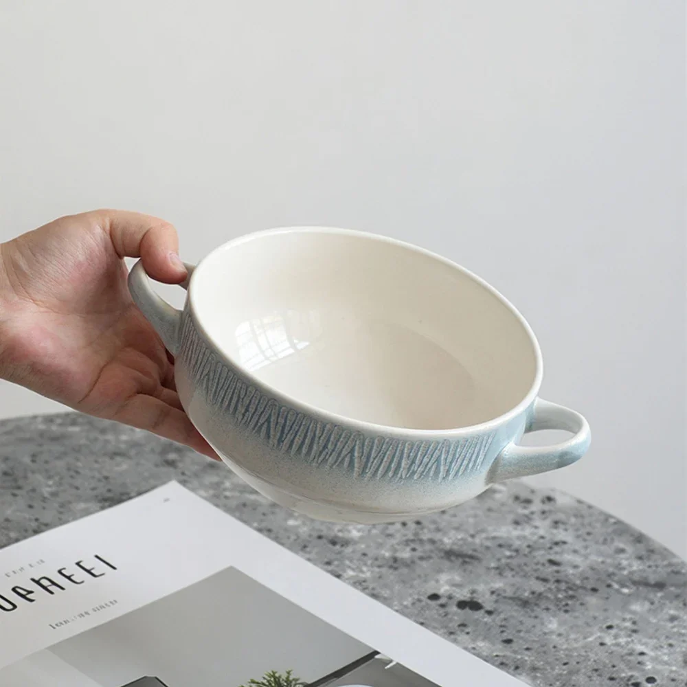 Contrast Color Double Eared Ceramic Bowl Delicate Texture Porcelain Household Tableware Soup Noodles Vegetable Salad Bowls