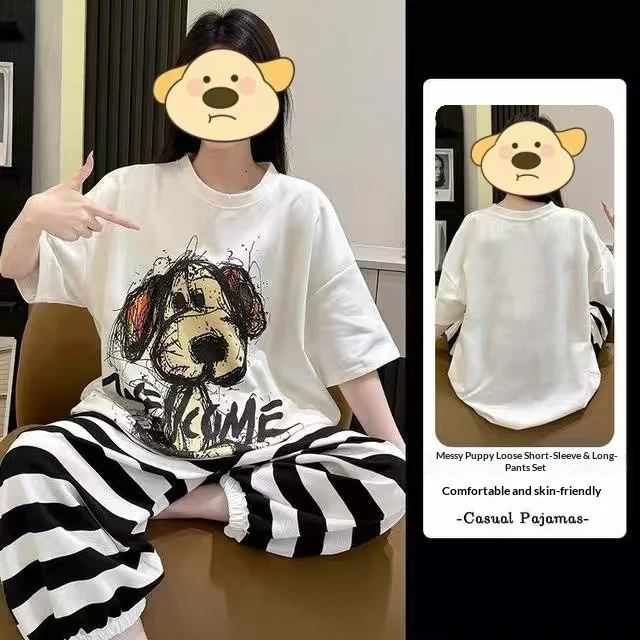 Summer New Women's Short Sleeved Sleepwear Home Suit Set Cartoon Pullover Loose Lazy Style Sleepwear Home Suit Two-Piece Set