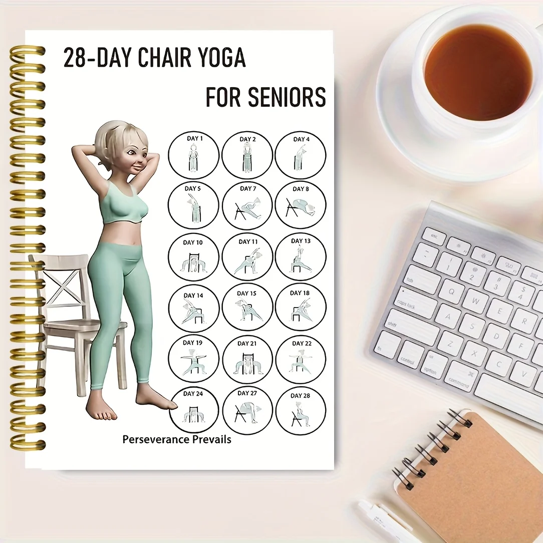 دفتر ملاحظات حلزوني لليوجا المتقدم لمدة 28 يومًا - كتاب سجل لتدريبات اللياقة البدنية في كبار اللياقة البدنية، 13.97 × 21.34 سم، ورق فارغ، متين