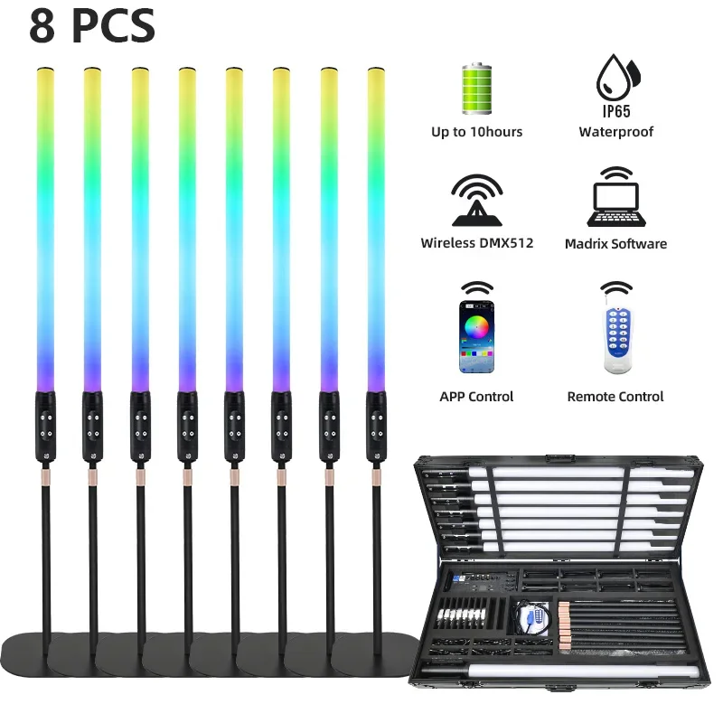 8pcs Waterproof IP65 360 Tube Pixel Uplight Battery Wireless LED Uplight DMX Wifi Control Double Pole Club Light for Party Event