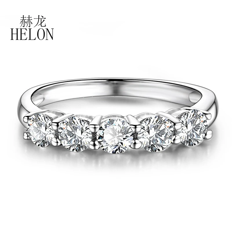 HELON Solid 14K AU585 White Gold Moissanite Diamond Ring VVS/FG Round Cut 4.5mm Lab Grown Moissanite Wedding Band for Women Gift