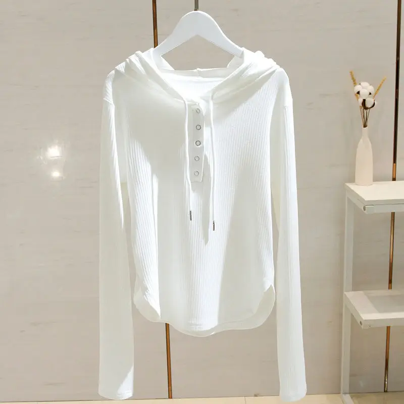 Fashion Solid Color Button Casual Lace Up Hooded T-Shirts Female Clothing 2024 Autumn New Loose Sweet Tops All-match Tee Shirt