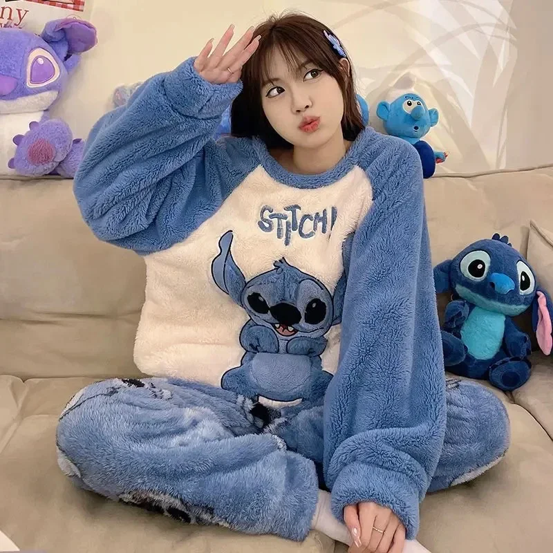 Kawaii Stitch Plus Velvet Pajamas Anime Kawaii Coral Fleece Round Neck Tracksuit Winter Thicken Keep Warm Suit Pajama Pants