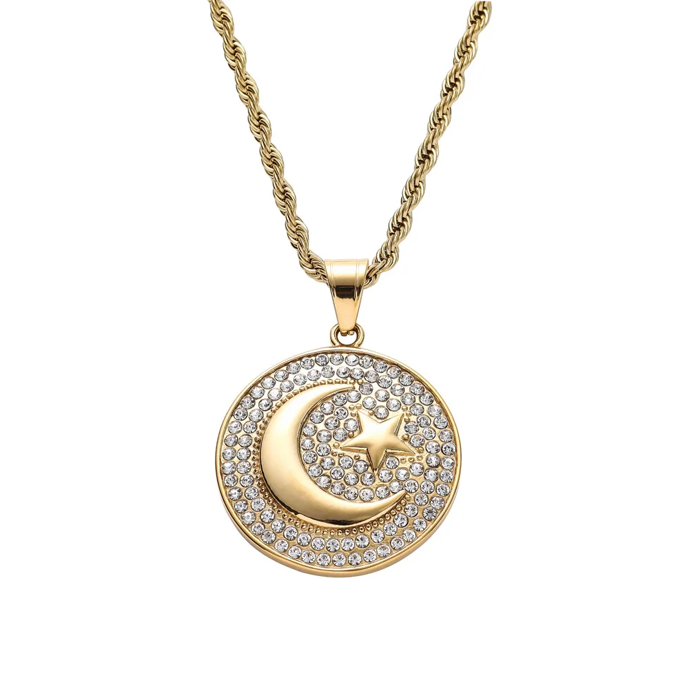 Exquisite Zircon Islamic Muslim Star and Moon Round Pendant Necklace for Men and Women Religious Amulet Jewelry image 4