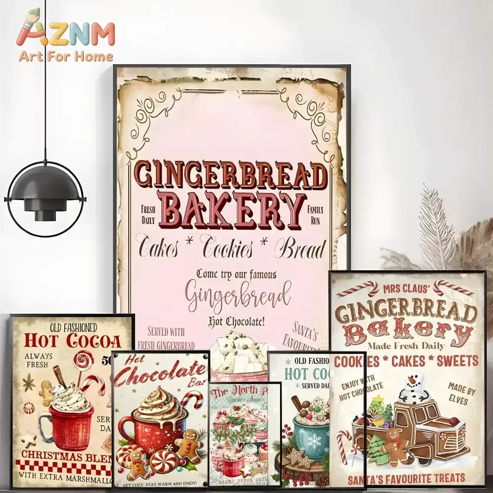 AZNM Vintage Gingerbread Bakery Canvas Wall Art, Christmas Hot Cocoa Retro Poster Print, Winter Holiday Unframed Canvas Painting