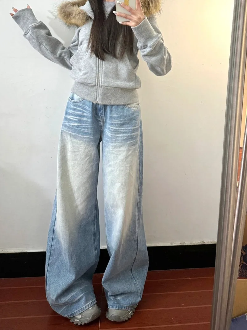 Blue Washed High Street Denim Straight Pants Vintage Jeans Women Full Length Trousers Y2k Wide Leg Distressed Contrast Color