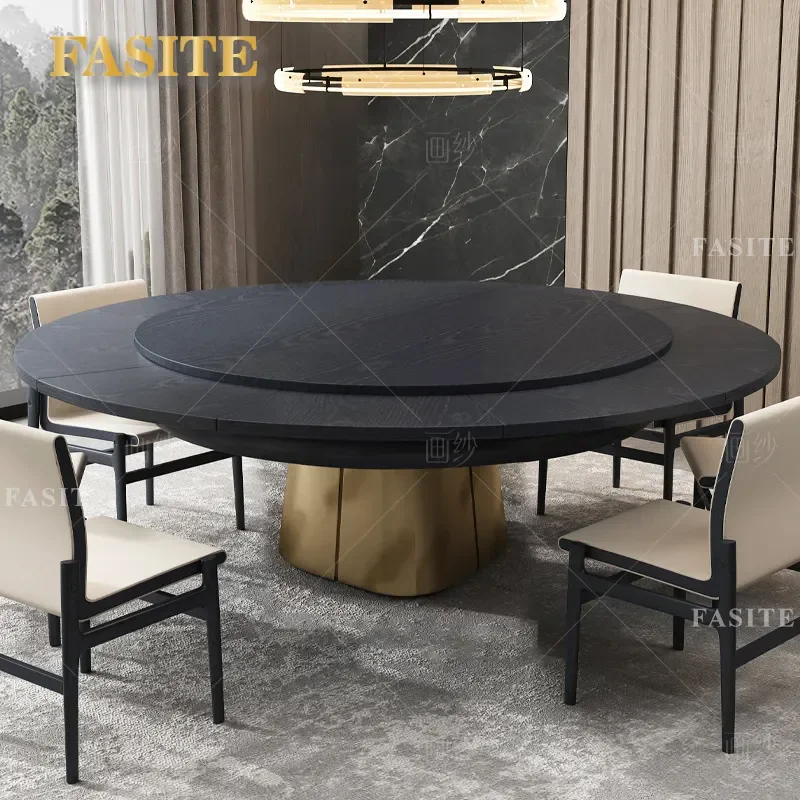 For Round Dining Table Telescopic Expansion Solid Wood Red Oak Rotating Extendable Deformation Furniture Black Modern Home