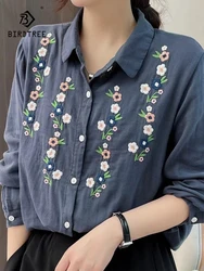 New Summer Cotton Long Sleeve Shirt, Women Lapel Embroidery Tops, Mori Girl Vintage Simplicity Loose Blouses, 2024 Fall T47885QC