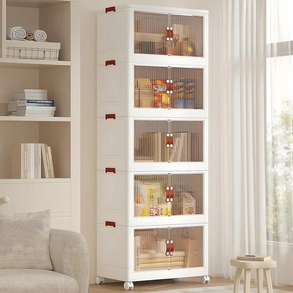 

20 Gal Stackable Storage Bins With Lid, 5 Pa Plastic Collapsible Storage Cabinet, Foldable Folding Box Organizer/Storage