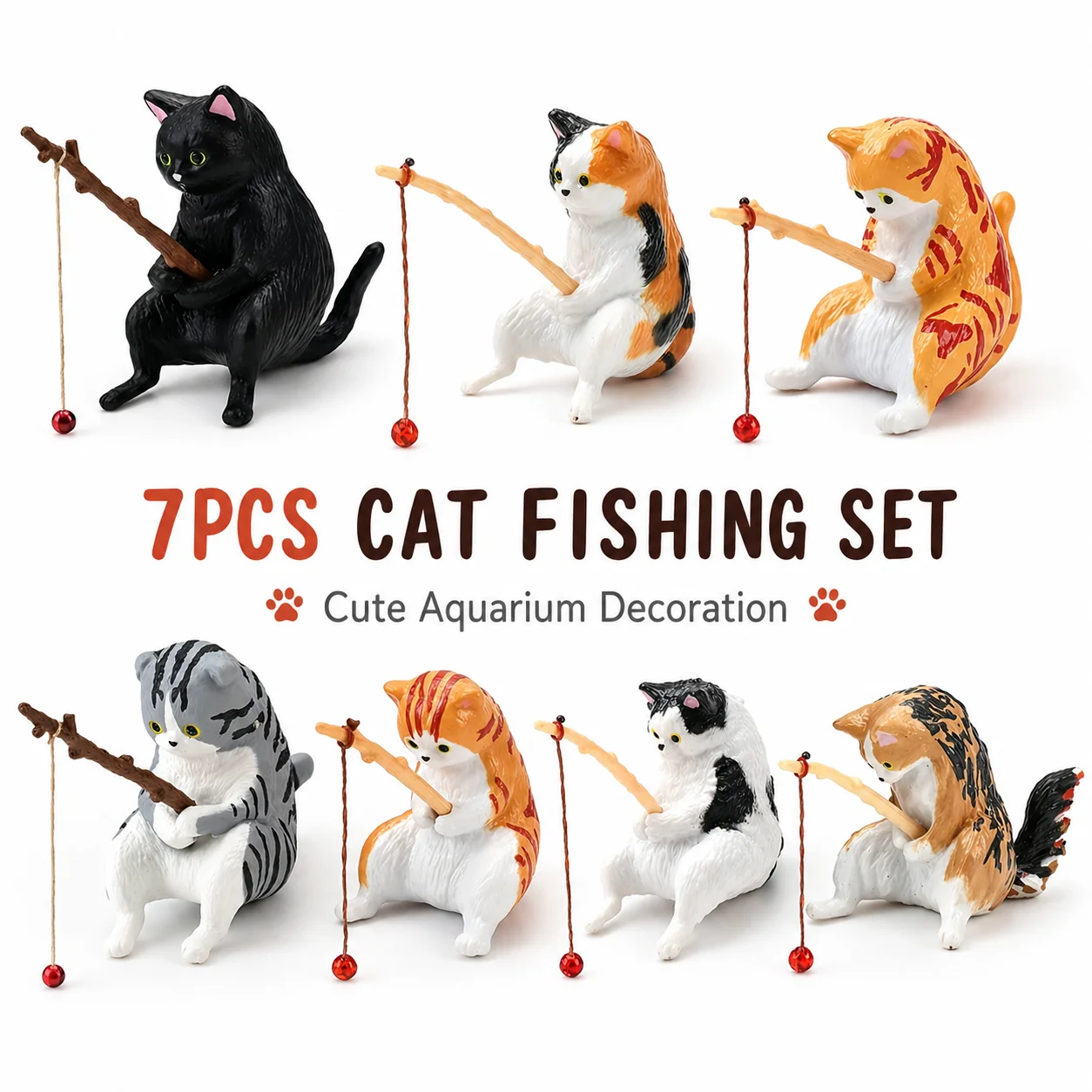 Mini Fishing Cat Figurines Set, Cute Resin Cat Aquarium Decorations, Fish Tank Landscaping Ornaments, 7PCS Assorted Cat Statues
