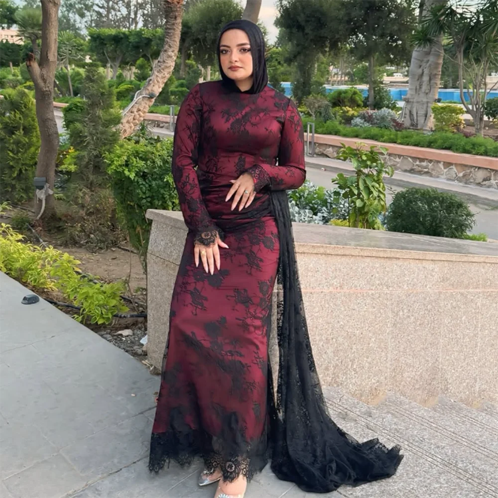 

Customized Mermaid Prom Dresses Floor-Length O-Neck Full Sleeve Formal Evening Gown Simple Fashion Lace Draped Party Gown