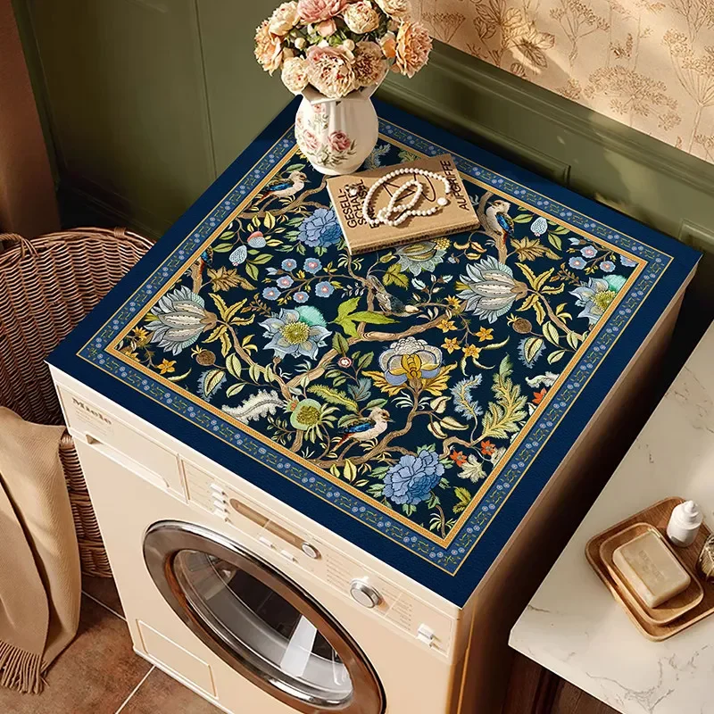 VIKAMA Vintage Dark Blue Bird Floral Washing Machine Cover Mat Jungle Print Waterproof Anti Dust Laundry Dryer Surface Pad