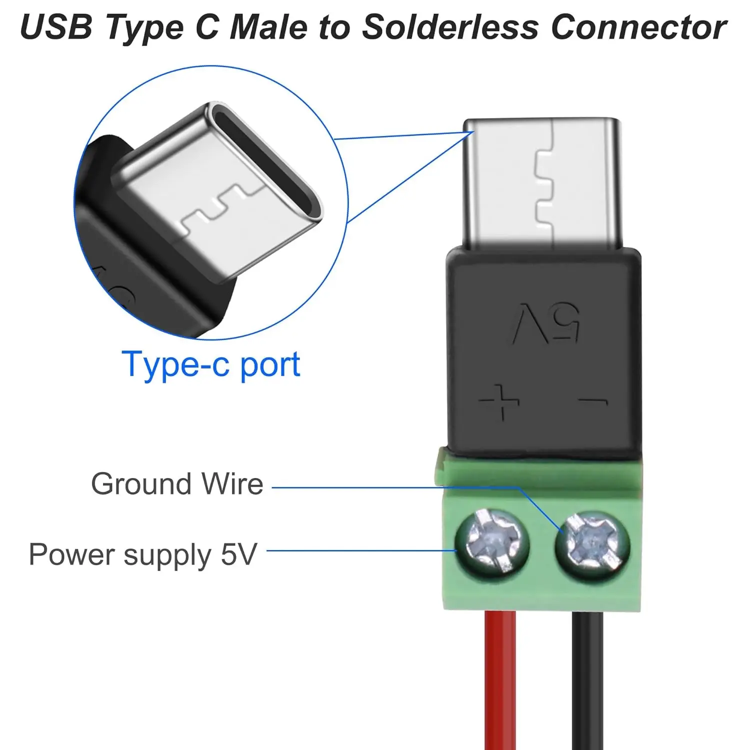 1/10PCS 5V USB C 2Pin Solderless OTG Adapter Socket Type C Female To 2 Pin Terminal Block Solderless Charging Connector - view 4