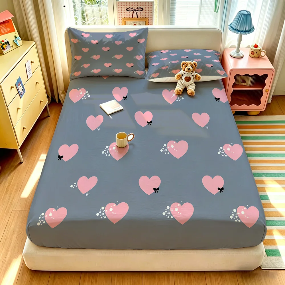 3PCS Pink Heart Bow Polka Dot Fitted Sheet Set Soft Bedroom Bedding Decoration