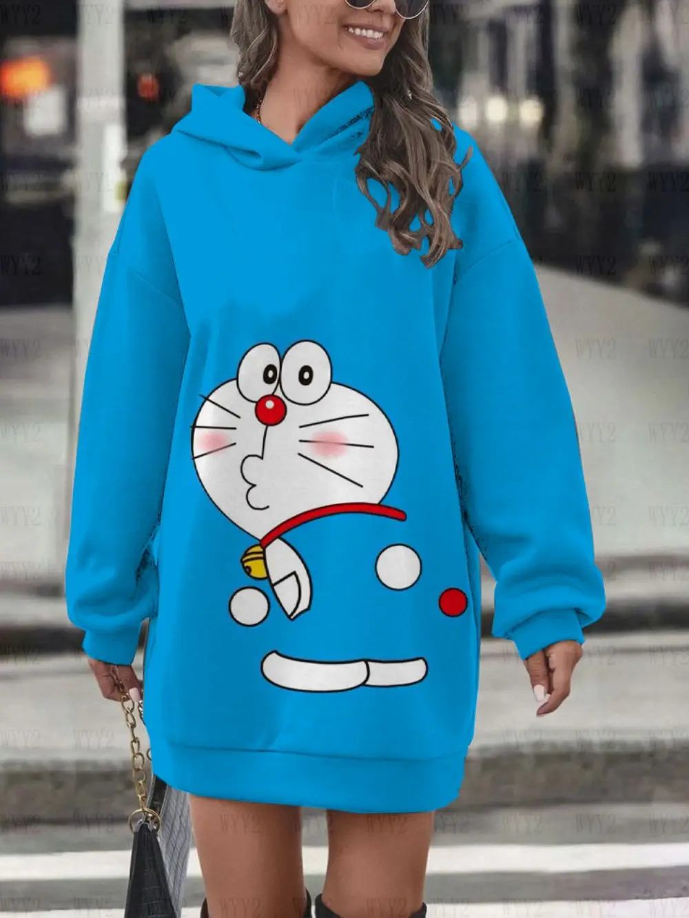 Anime Doraemon series printed temperament age-reducing waist slimming medium-length hooded sweater skirt women's clothing