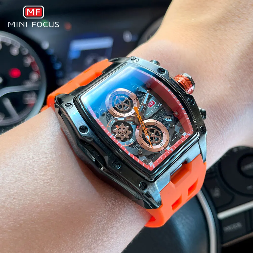 MINI FOCUS Military Sport Quartz Watch Men Orange Silicone Strap Waterproof Chronograph Wristwatch with Date Luminous Hands 0473