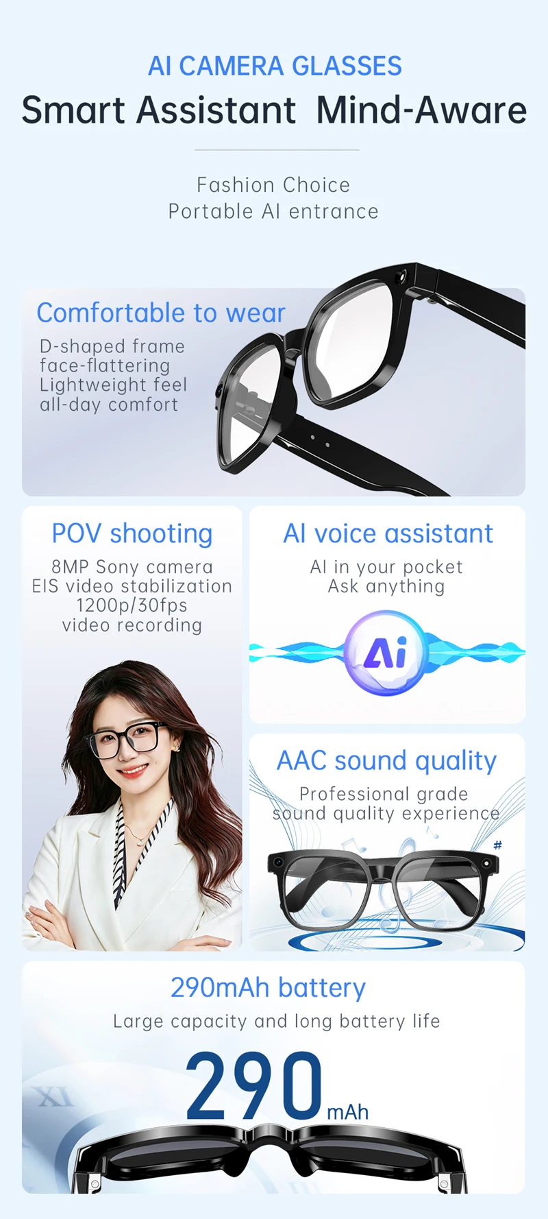 AI Smart Audio-Brille mit 4K HD-Kamera, WLAN-Videoaufzeichnung, Bluetooth-Anruffunktion, mehrsprachiger Übersetzung und tragbarem Smart-Eyewear – Detail 9