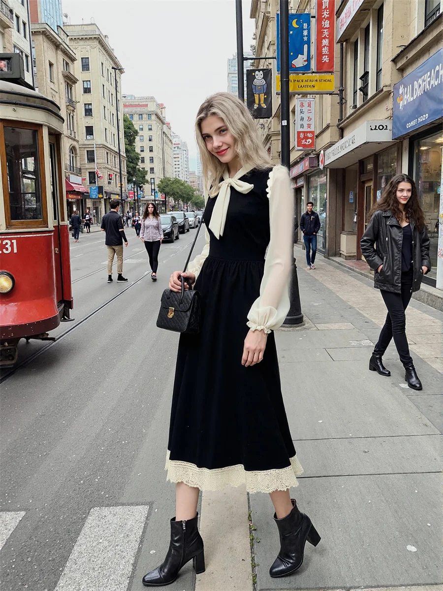 Women'S Black Dress Woman Long Sleeve Regular Fit Preppy Style Autumn Spring Pure Bodycon Red Straps Pearl Embroidery Column