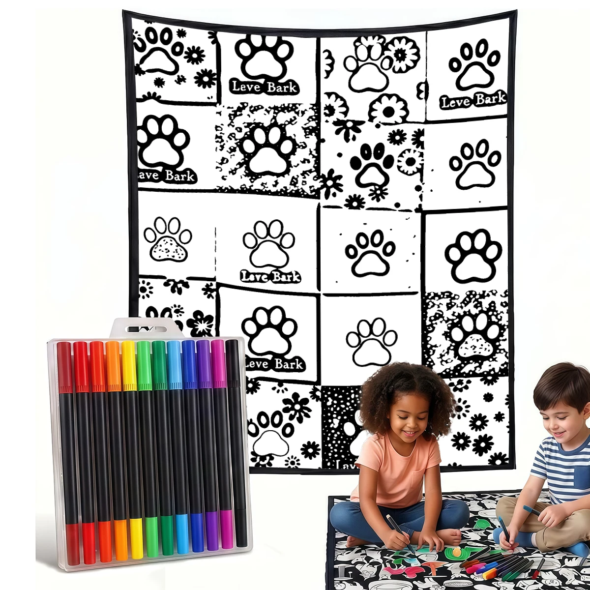 Blue Grey Paw Grid DIY Cozy Coloring Blankets -24 Markers, Cozy Velvet Ideal For Daily Use Home Decor And Kids Spaces