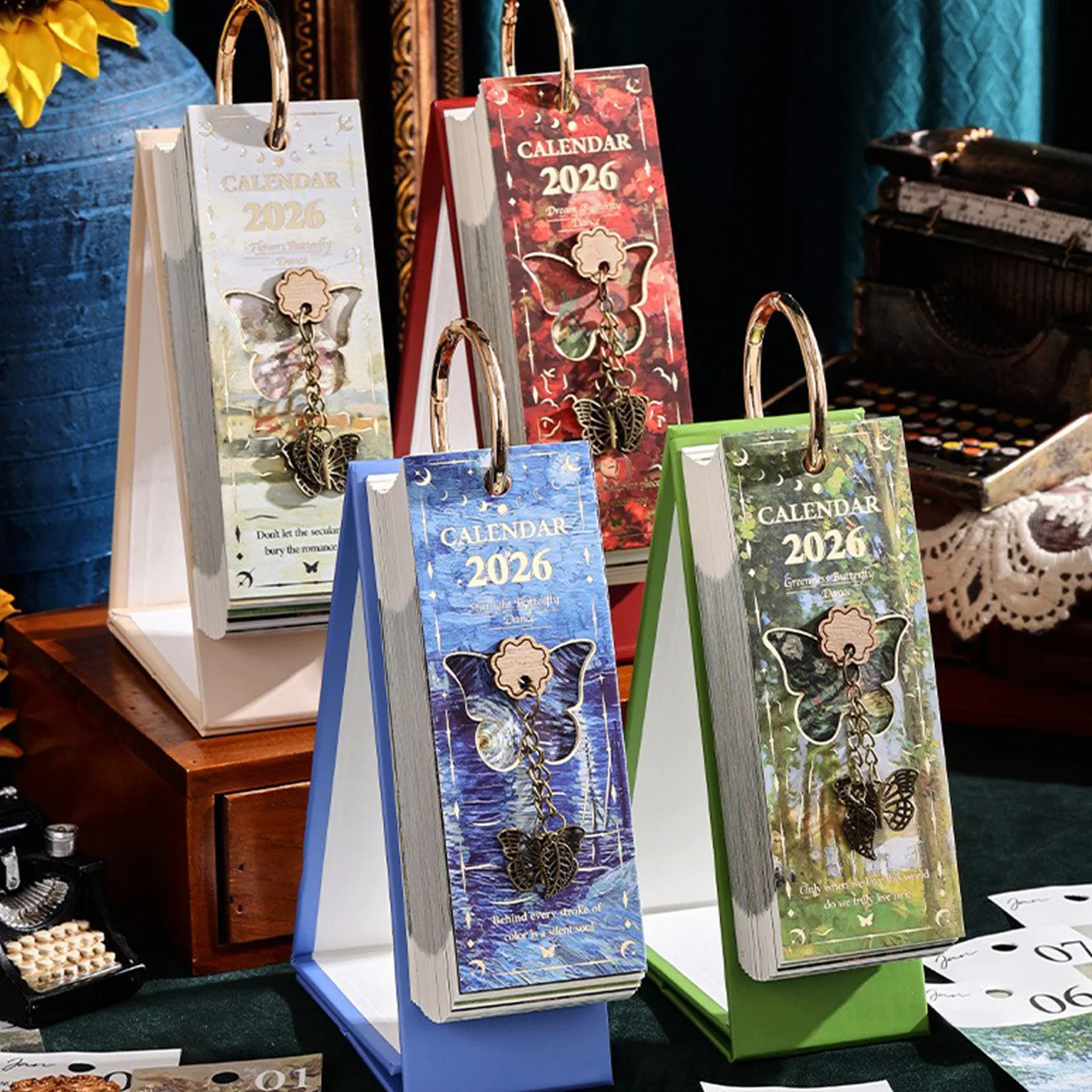 

2026 Desk Calendar with Gold Ring Binding 365 Days Vintage Oil Painting Inspirational Quotes One-Way Page Turn Daily Planner