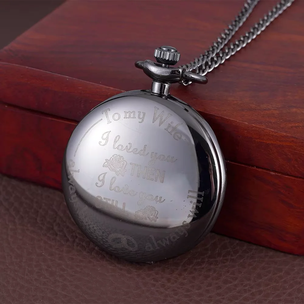 Large black pocket watch engraved with English letters To my wife Pocket watch Hanging watch Nostalgic pocket watch