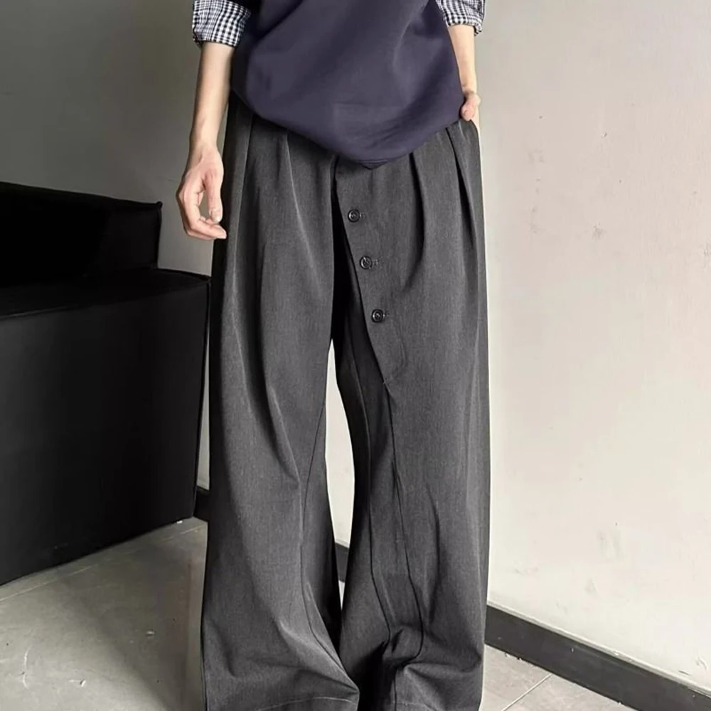 Summer New Men's Solid Color Asymmetric Button Suit Trousers American Retro Fashion Trend Casual Loose Casual Men's Bottoms