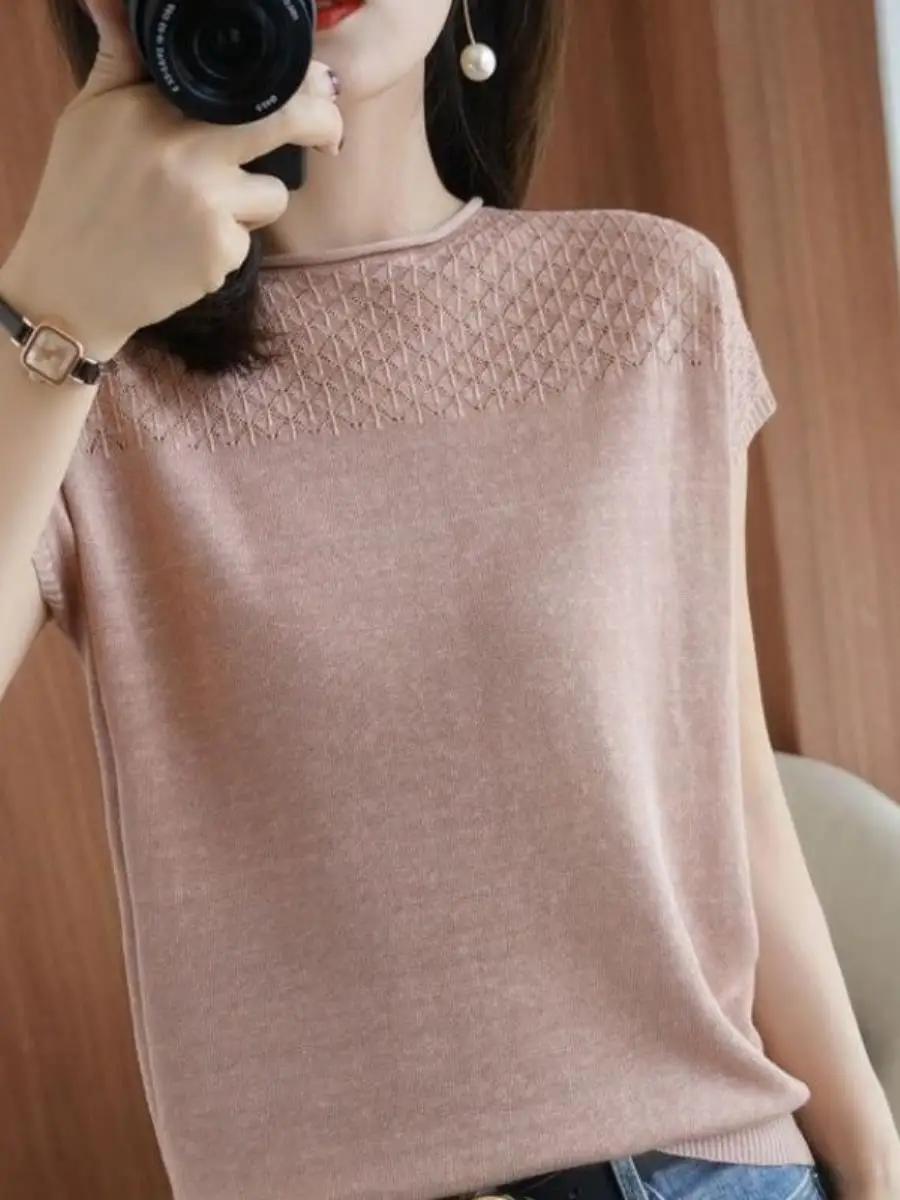 camiseta-feminina-de-algodao-manga-curta-com-recortes-vazados-em-trico-novo-estilo-de-verao-conjunto-de-duas-pecas-com-caimento-solto-e-design-vazado-respiravel