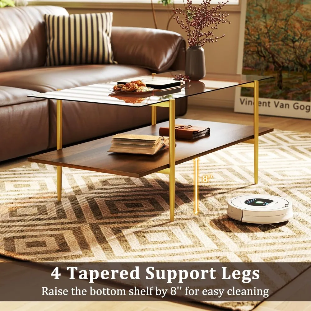 유리 커피 테이블, 앰버 강화 유리 테이블 상판이 있는 미드 센추리 모던 센터 테이블, 월넛 수납 선반 및 골든 레이어