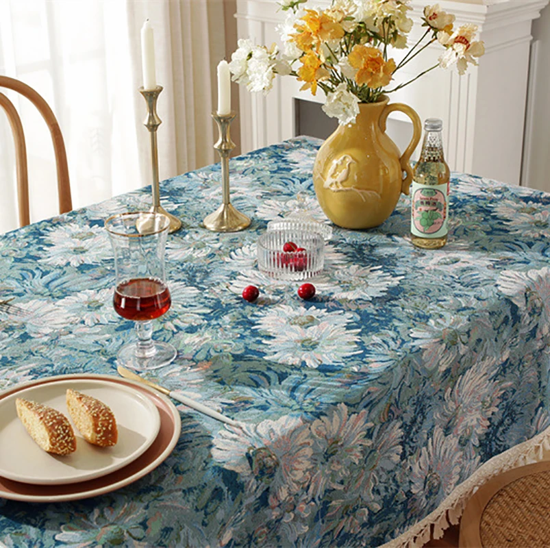 Polyester Cotton Yarn-dyed Jacquard Oil Painting Flowers Tablecloth Black Vintage Daisy Table Cloth Cover with Tassel