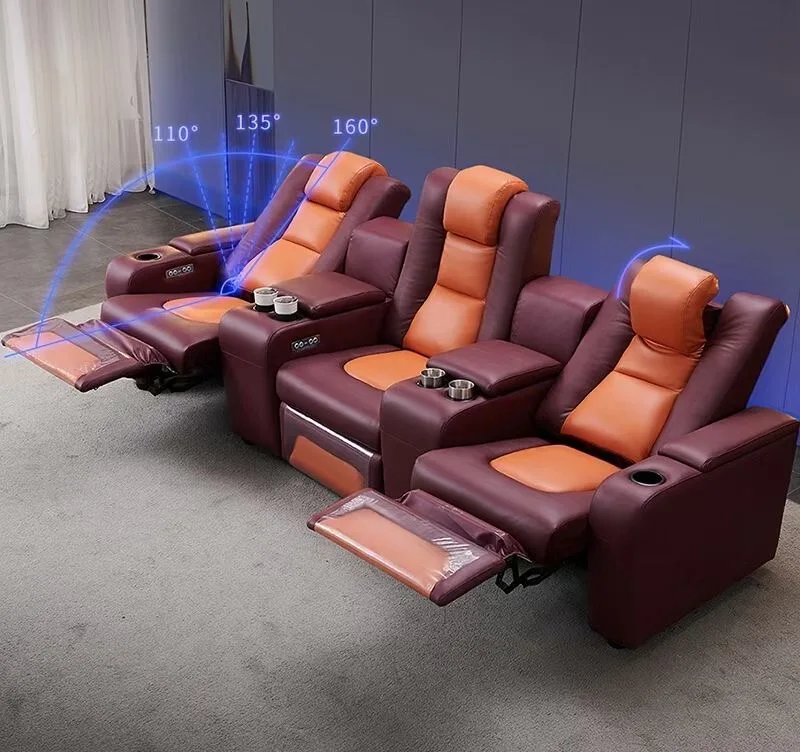 MANBAS Dual Motors 3-Seater Electric Recliner Sofa Home Theater Genuine Leather Couch with Cup Holders and Adjustable Headrests
