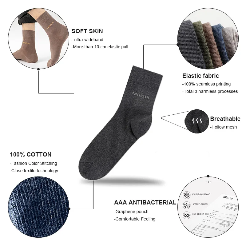 MiiOW 5 Pairs Men\'s Soft Cotton Socks Black Business Casual Men Deodorant Crew Socks Antibacterial Breathable Male Mid Tub Socks