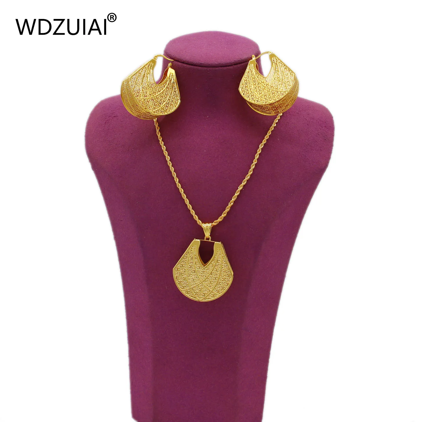 WDZUIAI Dubai 24K Gold Color Pendent Necklace/Earrings Set African Arab Ethiopian Women Girls Wedding Jewelry Party Best Gifts