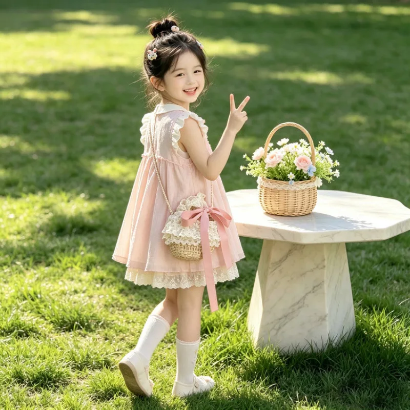 Girl's Sleeveless Lace Dress Summer Dress 2026 Summer New Item for Baby Girls, Stylish and Super Beautiful Patchwork Skirt