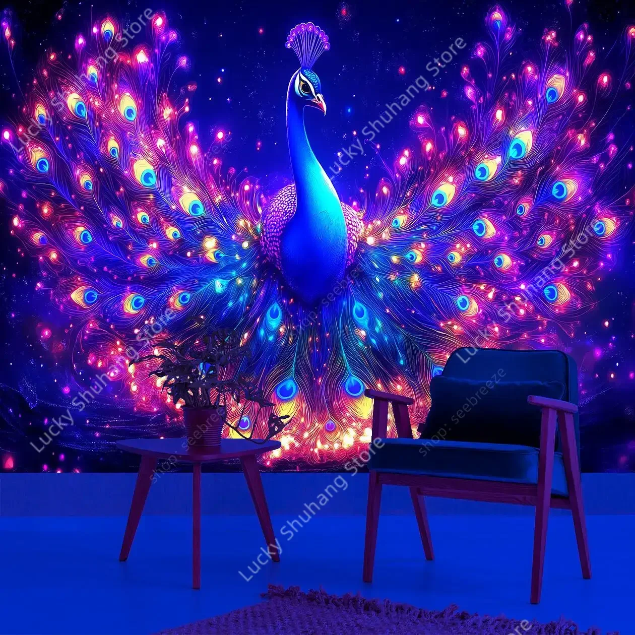 Bohemian Peacock Wall Hanging UV Tapestry Vibrant Luminous Feathers Art Colorful Home Decor Room Dormitory Wall Decorations