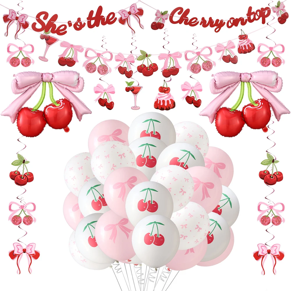 Decoración de fiesta de cereza con lazo, cartel superior de She's the Cherry On, conjunto de globos con lazo de cereza, suministros para fiesta de compromiso y boda para niña