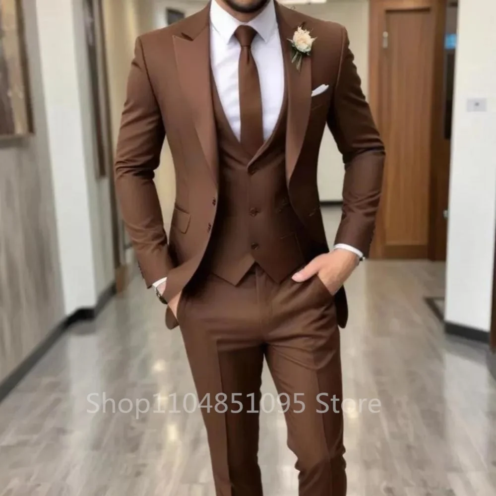 Men'S Trend Personality 3 Piece Slim Fit Suits Business Wedding Party Tuxedos Blazer Vest Pants Solid Color Elegant Man Clothes