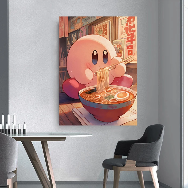 Cartoon Cute K-Kirby Eat Ramen Poster Canvas Painting Print Home Living Room Bedroom Bar Restaurant Cafe Art Home Decoration