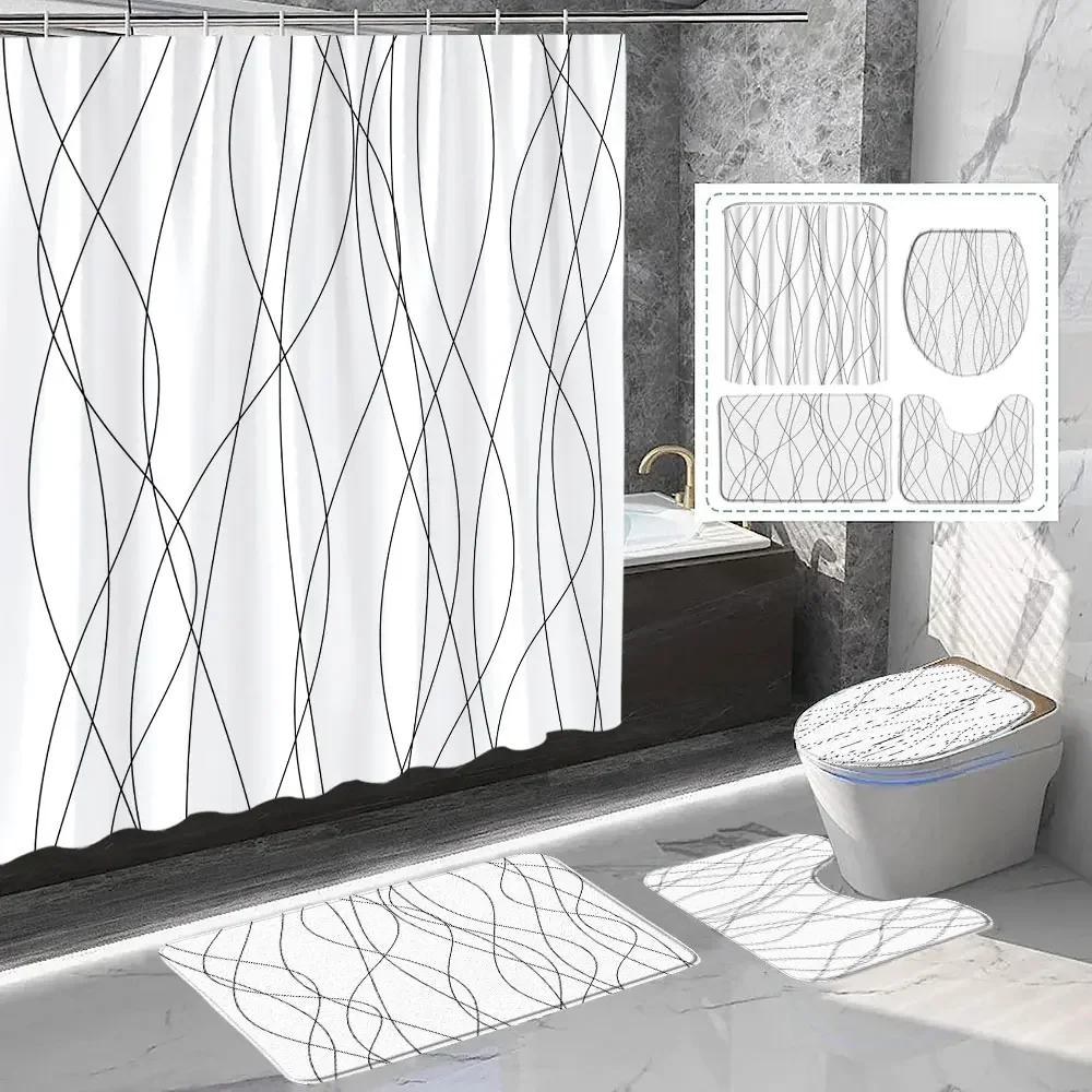 Stylish Geometric Lines Shower Curtain and Rug Set Grey and White Modern Minimalist Shower Curtain Rug Toilet Mat Bathroom Decor