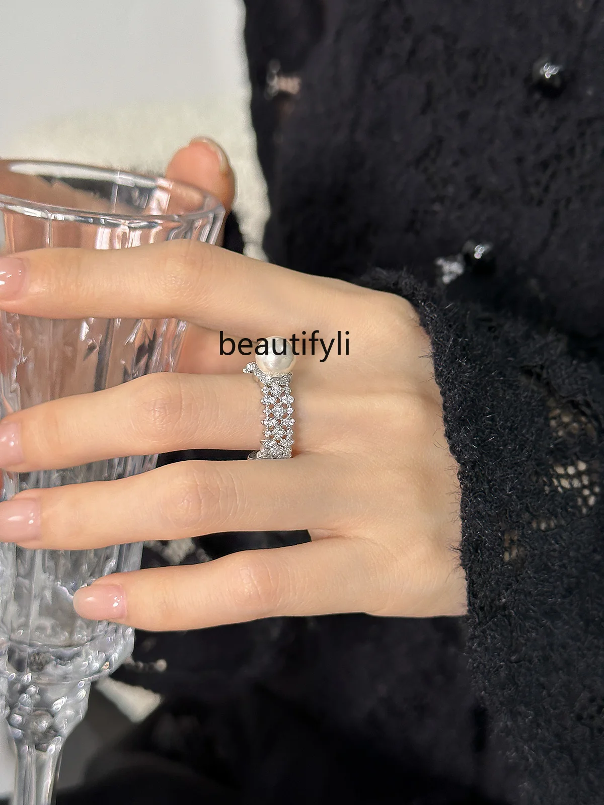 Fashion Personality Heavy Work Micro Inlaid Zircon Wide Open Ring Pearl Special Interest Light Luxury Ring