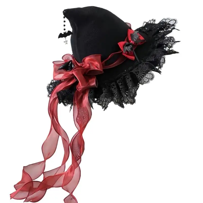 31BB Pointed Gothic Hat with Lace Trim for Witch Costume and Costume Photography