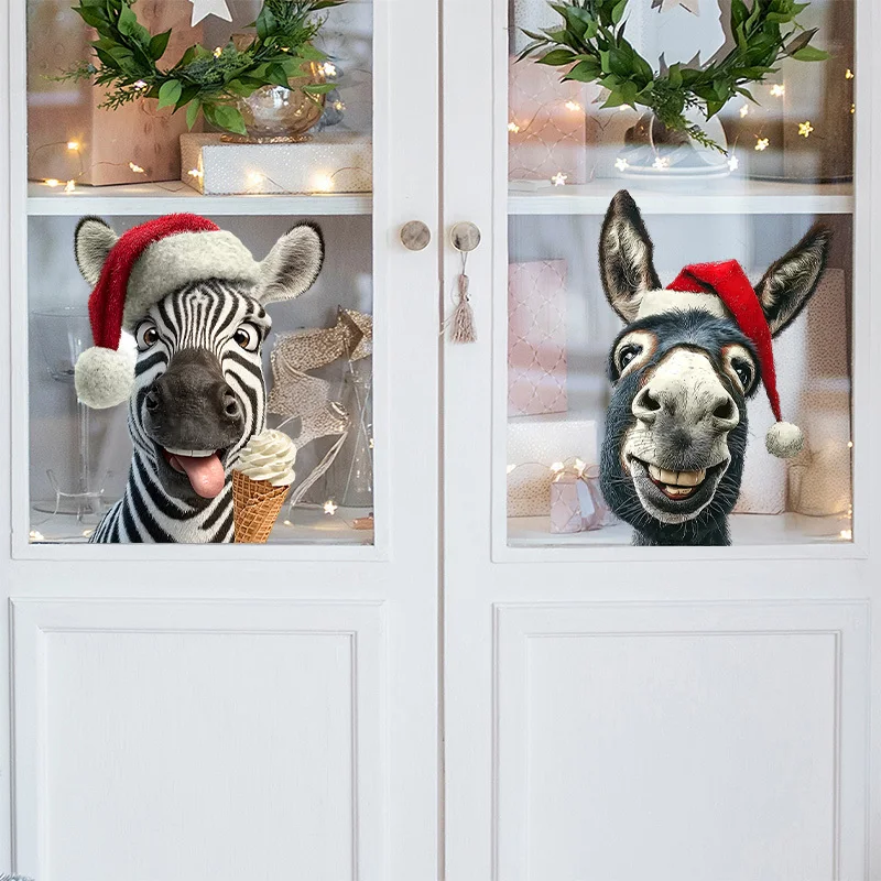 1pc Christmas Hat Probe Zebra & Donkey Theme Wall Sticker Window Decal, for Bedroom, Study, Living Room, Window, Wall Decor