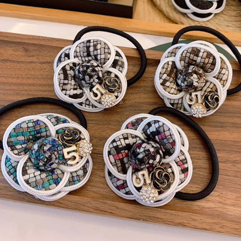 

Роскошная резинка для волос в Корейском стиле с цветами камелии и кристаллами, эластичная резинка для волос с цветочным рисунком, аксессуары для женщин, 2022