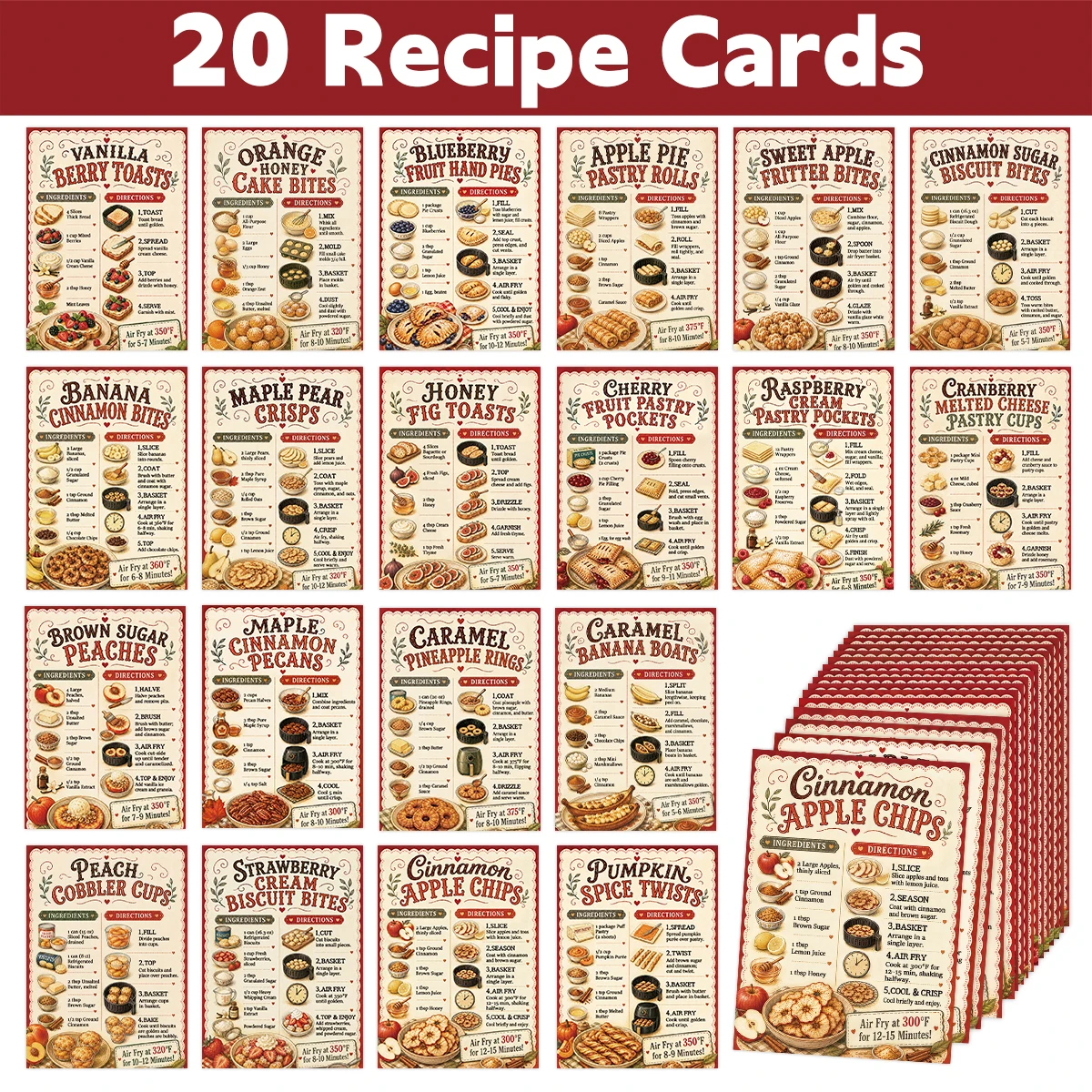 Food Snacks Ideas - 20 Stück Vintage-Heißluftfritteuse-Rezeptkarten mit Lebensmittelthema, Küchen-Backanleitung,