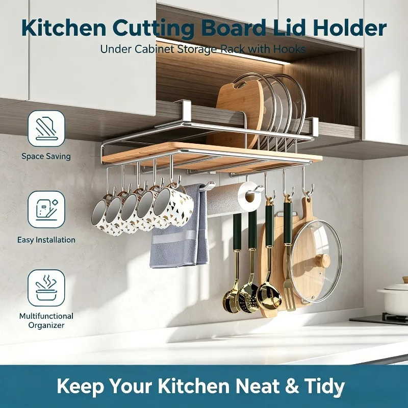 Kitchen Hanging Organizer Rack with Hooks Under Cupboard Paper Towel Rags Hanger Cutting Board Pot Cover Holder Storage Shelf