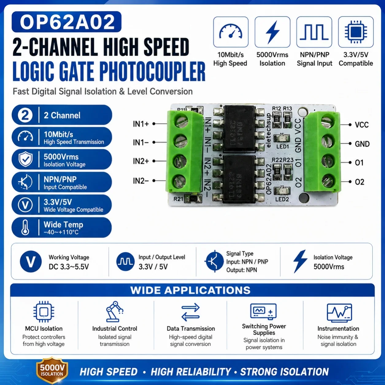 3.3V 5V Logic Level Converter 5000Vrms 2CH 10Mbps High Speed Optocoupler Isolation Module for Arduino ESP32 ESP8266 MCU