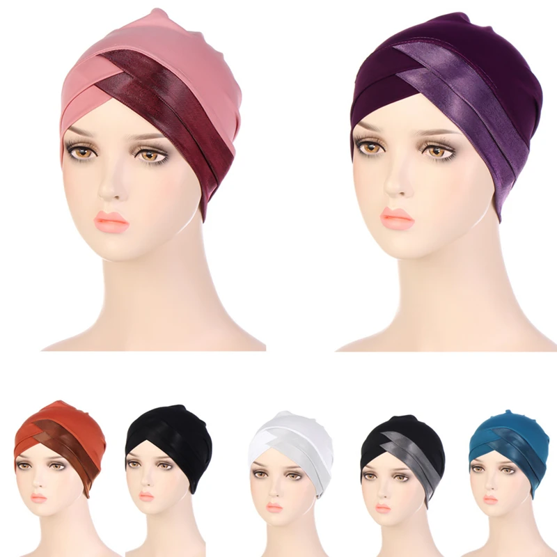 Women Indian Turban Muslim Inner Hijab Chemo Cap Cross Beanies Bonnet Hat Glitter Headwear Head Wrap Stretch Hair Loss Cap