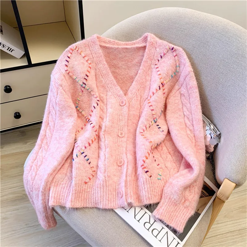 

Autumn Korean Plaid Soft Knitted Cardigan Sweater Jacket V-Neck Single-Breasted Long Sleeve Ladies Short Knitwear Sueter Mujer